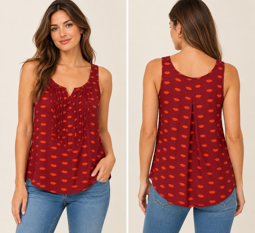Maeve Anthropologie Amory Tank Top Size 10 Burgundy Orange Lip Print Pleated